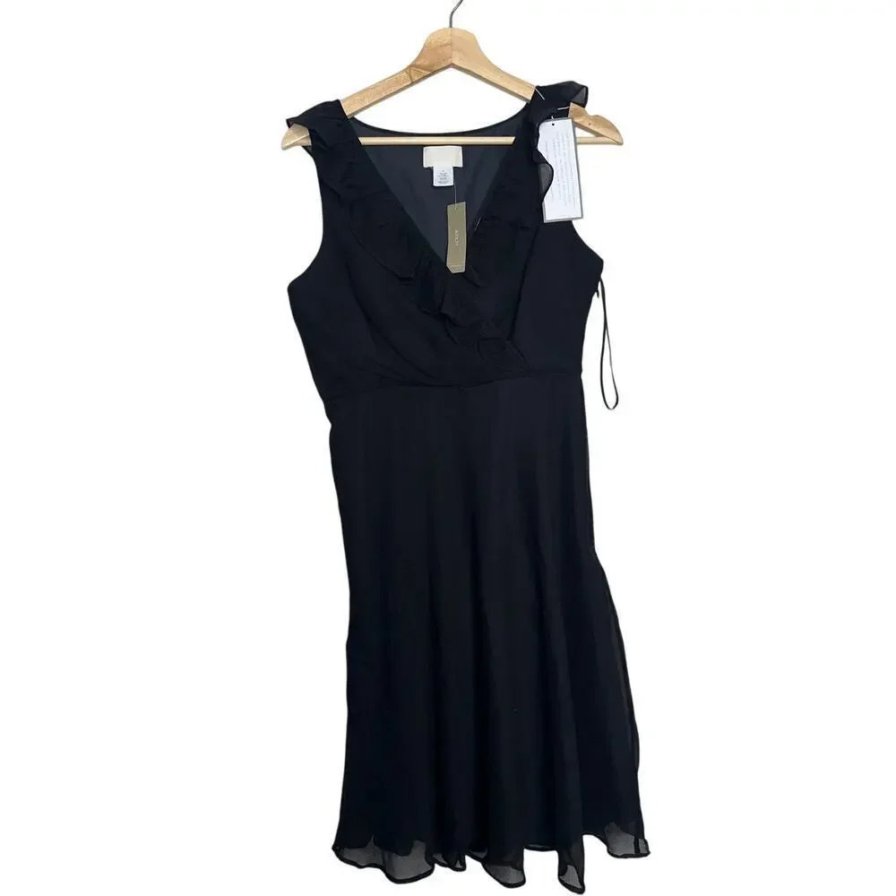 J.Crew 100% Silk Ruffle Wrap V-Neck Black Midi Dress Size 4 NWT